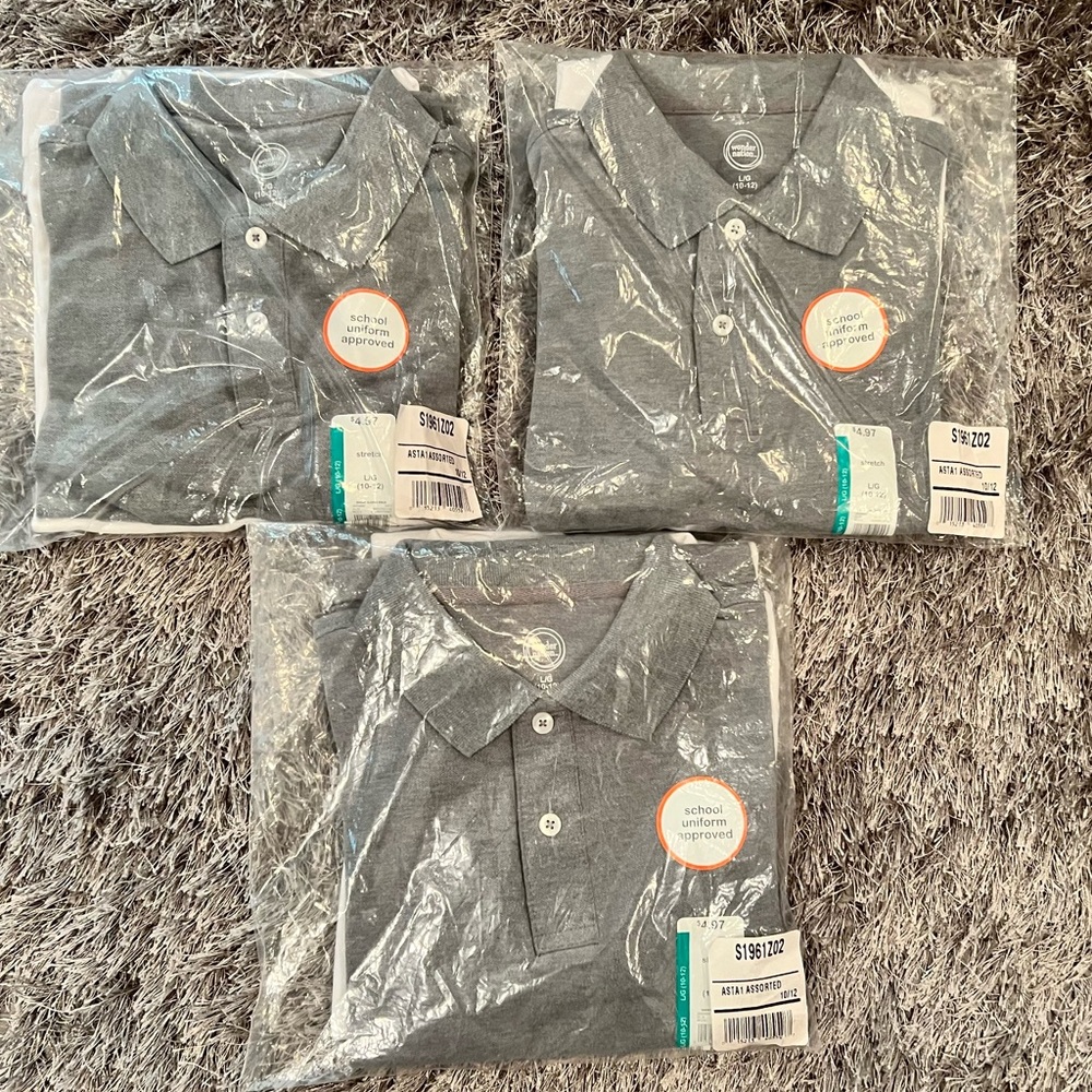 SCHOOL UNIFORM SHORT SLEEVE POLO SHIRT’S Size LG 10-12 Grey & White 6 Shirts